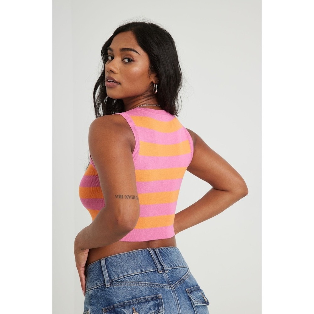 Garage Striped Sweater Vest Pink Orange Knit Crop Tank Top Sleeveless Size S - Picture 4 of 8